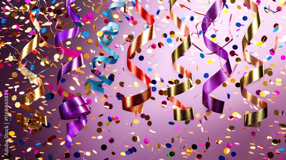 Obraz premium Colorful confetti floating around with sparkling backgrounds creating a festive atmosphere for holiday promotions. Bringing joy and excitement to attract people during the holiday season, making 