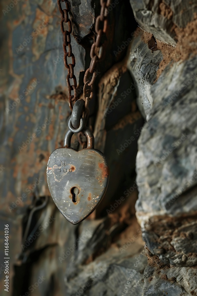 love lock with initials engraved on it hanging on rustic chain