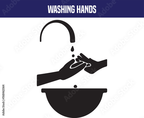 A set of linear icons for washing hands under the tap and using liquid detergent in a bottle.
