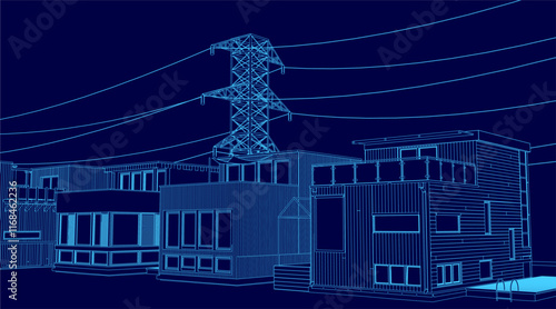 Blue image of a cityscape with a power line tower in the background. The image has a futuristic feel to it, with the buildings and power lines creating a sense of technology and progress