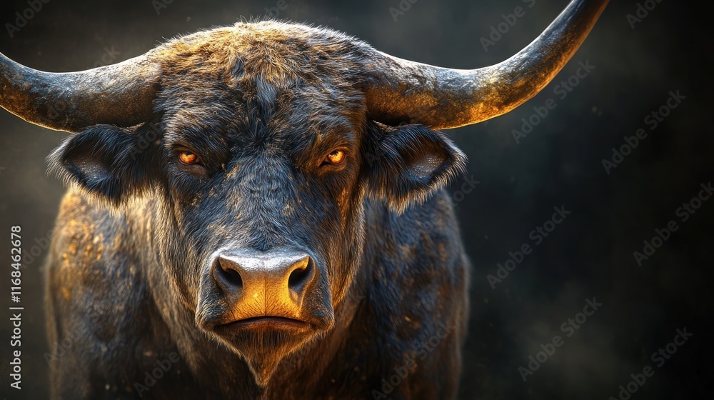 Naklejka premium Fierce bull with large horns, intense gaze.