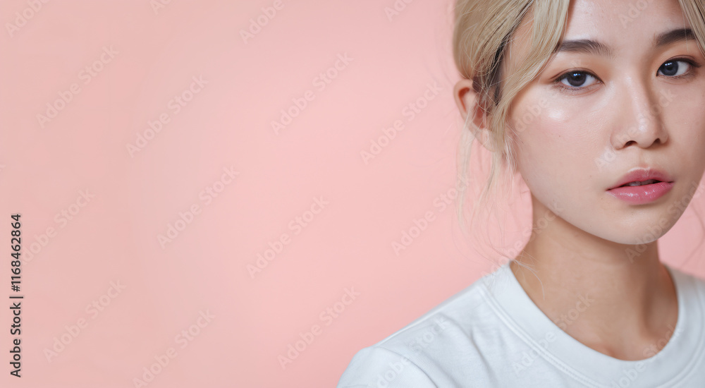 Young Woman Pink Bacground Large Space For Copy Young Woman Pink Bacground Large Space For Copy