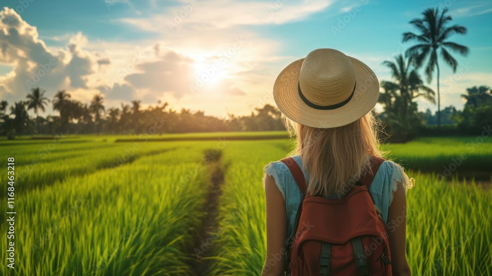 Obraz premium Sunset Stroll Through Rice Paddies