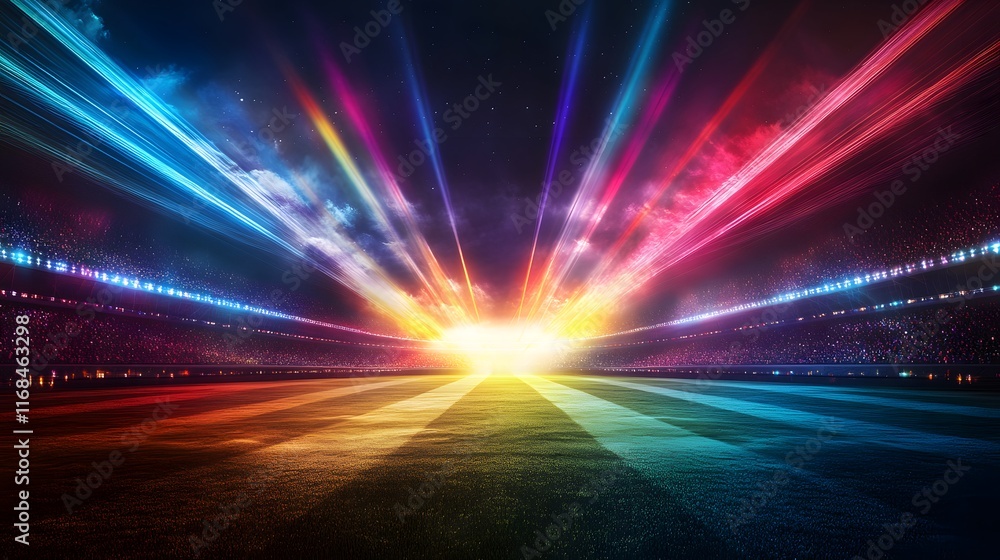 Fototapeta premium Stadium Field Illuminated By Rainbow Light Beams