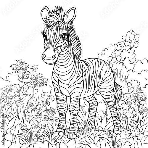 Adorable Zebra Cub: A charming black and white illustration of a zebra cub standing in a vibrant garden, exuding an innocent and captivating allure.