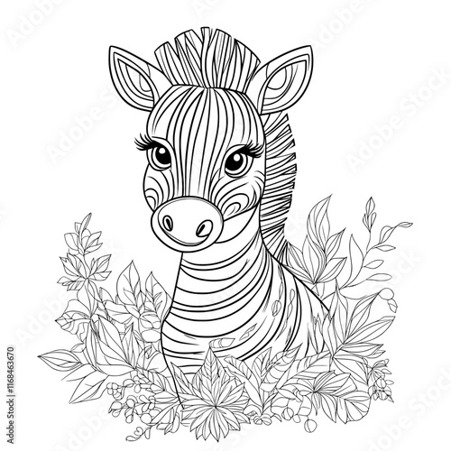 Zebra in Floral Embrace: A charming zebra with a captivating gaze is surrounded by an abundance of lush flowers and foliage, rendered in a delicate, line art style.