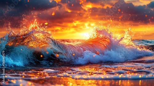 Fiery sunset over ocean wave.