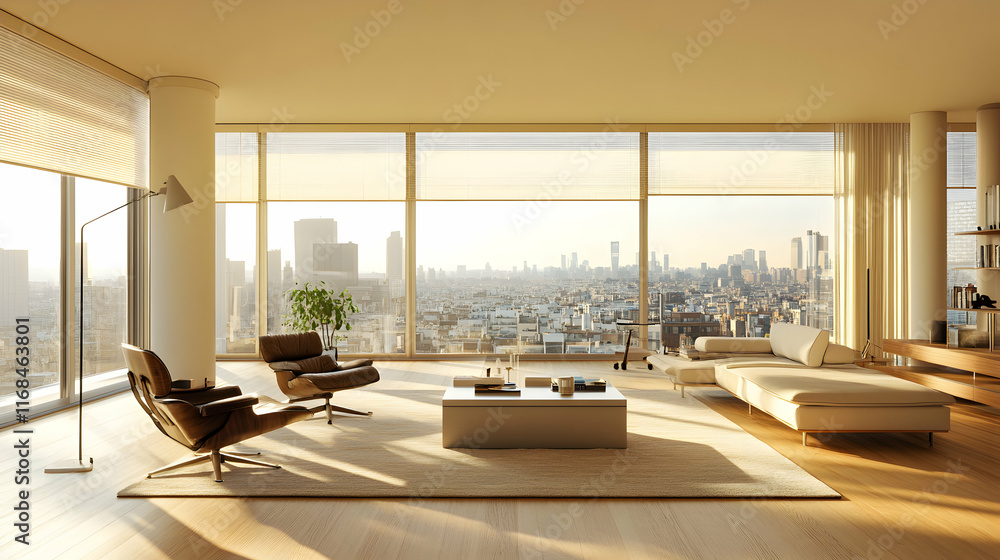 Fototapeta premium Modern Luxury Apartment Living Room Cityscape View