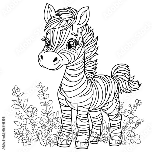 Striped Wonder: An adorable zebra with charming stripes standing amidst a whimsical array of flora, inviting coloring.
