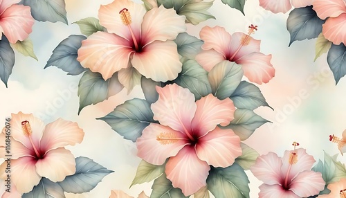 Wallpaper Mural Delicate Pink Hibiscus Flowers with Soft Green Leaves Torontodigital.ca
