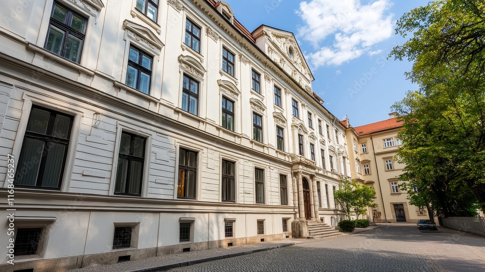 A charming, historic building with a white facade, surrounded by greenery and a clear blue sky, showcasing architectural elegance. A charming, historic building with a white facade, surrounded by greenery and a clear blue sky, showcasing architectural elegance.