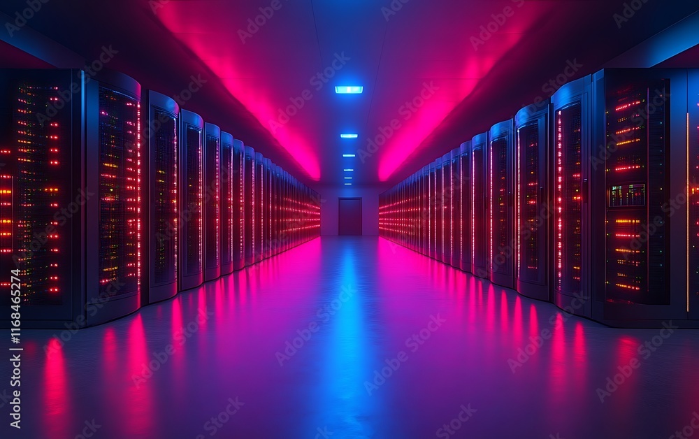 Fototapeta premium Illuminated server room with rows of racks. (1)