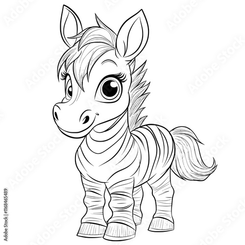 Cute Zebra Coloring Page: A delightful zebra foal with big eyes and a friendly smile, perfect for coloring.  