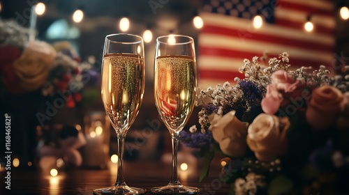 Beautiful Bouquet, American Flag, and Two Glasses of Champagne

 photo