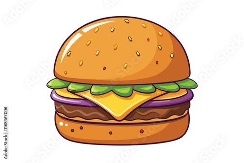 Cartoon Illustration of a Juicy Cheeseburger with Lettuce, Tomato, and Cheese Topped on a Golden Sesame Seed Bun