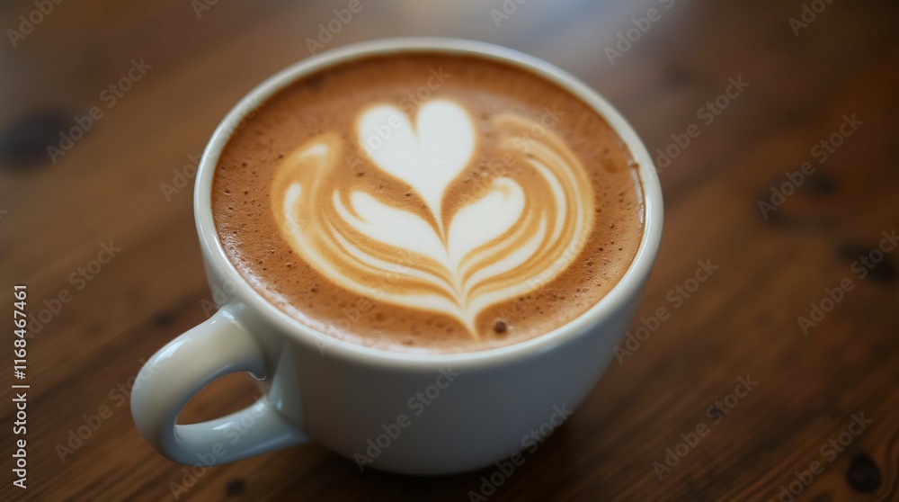 Coffee Cup with Heart Latte Art on a Wooden Table. Coffee Cup with Heart Latte Art on a Wooden Table.