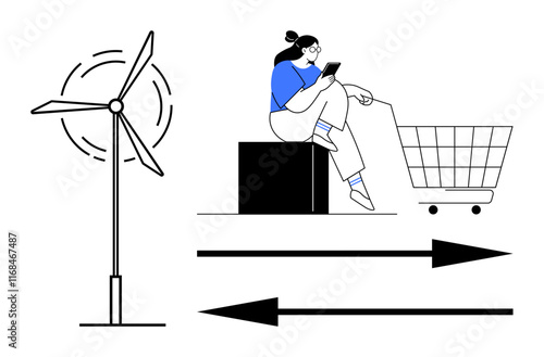 Wind turbine, person on phone perched on platform near shopping cart, arrows signifying direction. Ideal for sustainability, digital transformation, ecommerce, technology, modern lifestyle, renewable