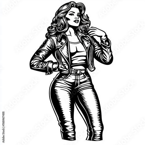 Stylishly Confident Pin-Up Girl: Bold Black and White Tattoo Illustration. AI Generated