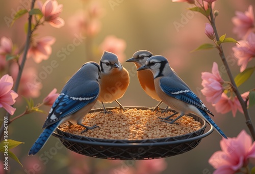 Bluebirds eating seeds from rustic hanging feeder photo