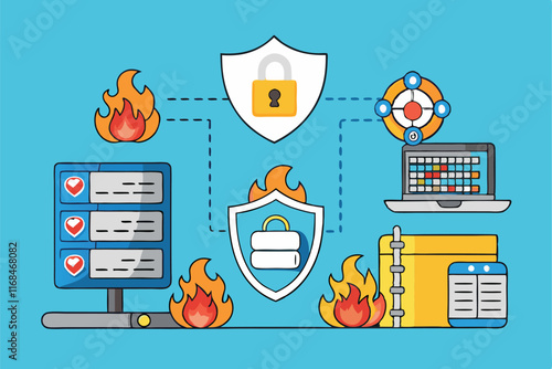 Illustration of cybersecurity network showing shields, firewalls, data protection, and secure data exchange with a modern digital design