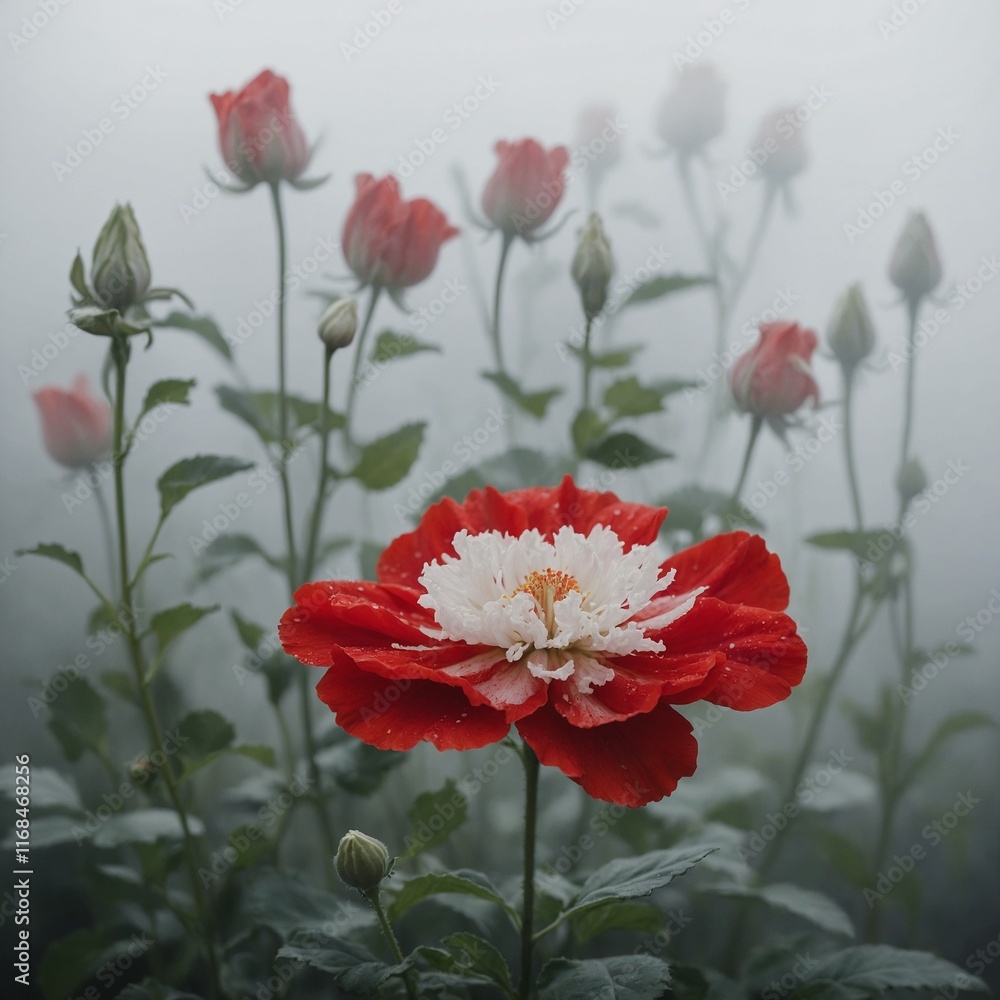 Obraz premium A red flower surrounded by soft white mist, creating a dreamy red and white contrast.