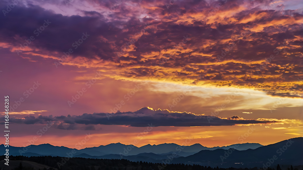 Obraz premium A vivid sunset over a mountain range, with the peaks silhouetted against a sky painted in purples, blues, and golden yellows.