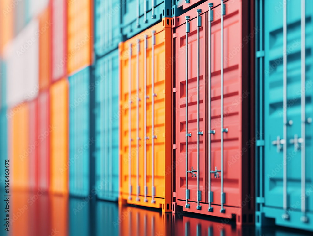 Fototapeta premium Cargo management. A vibrant display of shipping containers in various colors, emphasizing logistics and storage solutions in a modern setting.