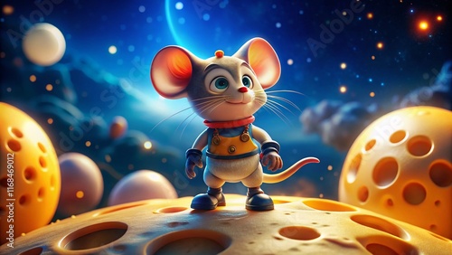 Cartoon Mouse Astronaut on Moon Cheese Planet, Whimsical Space Adventure Illustration photo