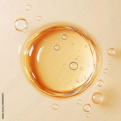 Close-up of a golden liquid droplet with smaller bubbles on a beige background.