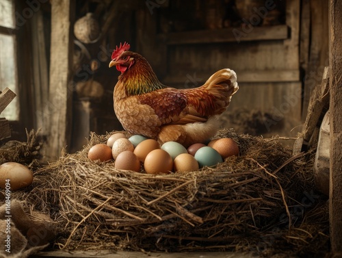 Chicken sitting on eggs photo