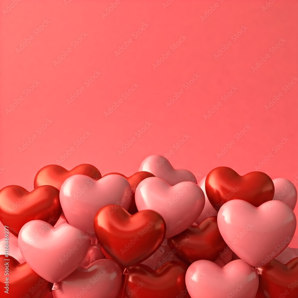 Valentine's day, wedding invitation, banner. Light romantic background with pink and red heart-shaped balloons. Copy space for text. Valentine's day, wedding invitation, banner. Light romantic background with pink and red heart-shaped balloons. Copy space for text.