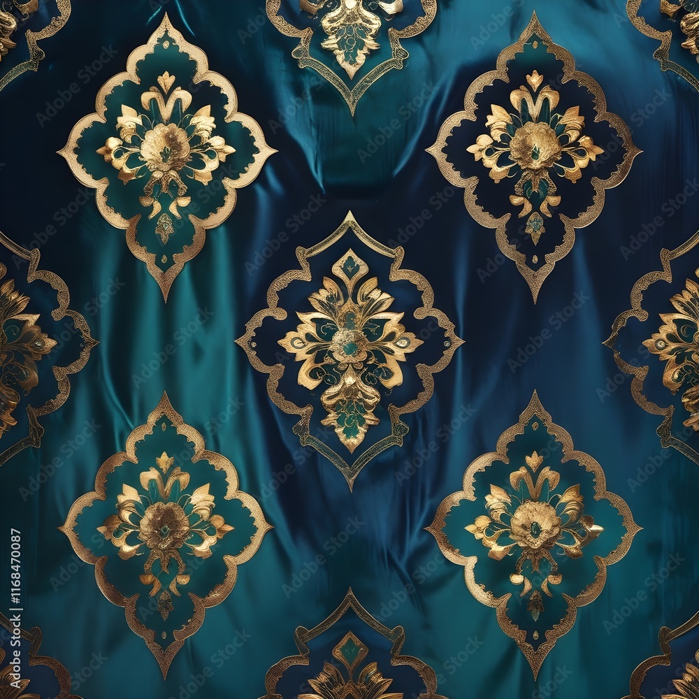 Intricate Gold Foil Patterns on Deep Emerald or Navy Blue Background: A Luxurious Blend of Ornate Florals, Islamic Geometries, and Metallic Shimmer
Intricate Gold Foil Patterns on Deep Emerald or Navy Blue Background: A Luxurious Blend of Ornate Florals, Islamic Geometries, and Metallic Shimmer