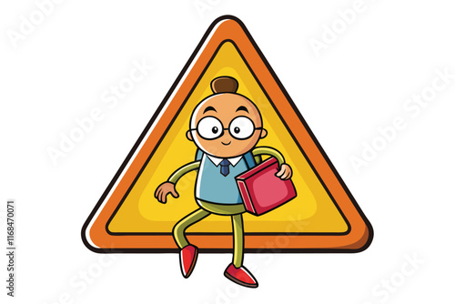 Cartoon school crossing sign illustration featuring children with backpacks walking safely, emphasizing caution and safety