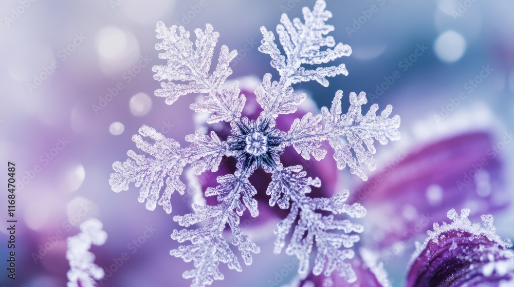 Obraz premium Close-up winter botanical study, single snowflake on purple lily, frosted petals with ice crystals, ethereal morning light, dreamy purple hues, subtle bokeh background, nature macro photography