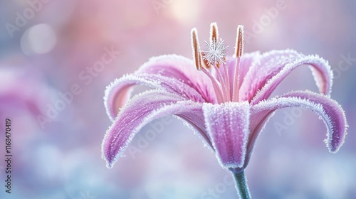 Close-up winter botanical study, single snowflake on purple lily, frosted petals with ice crystals, ethereal morning light, dreamy purple hues, subtle bokeh background, nature macro photography photo