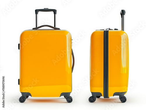 Two views of a bright yellow carry-on suitcase isolated on white. photo