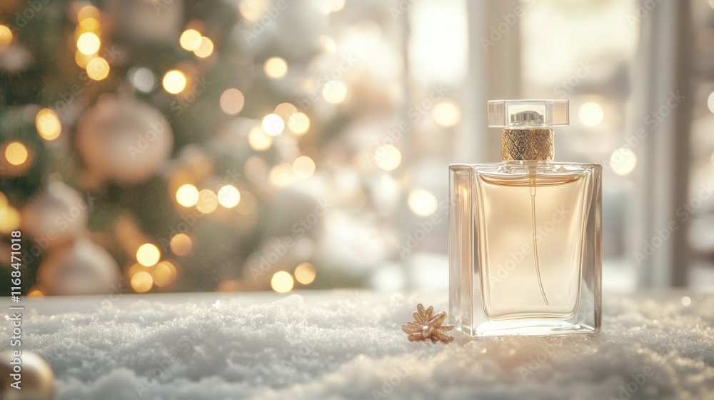 Perfume bottle on snow with blurred Christmas tree background. Perfume bottle on snow with blurred Christmas tree background.