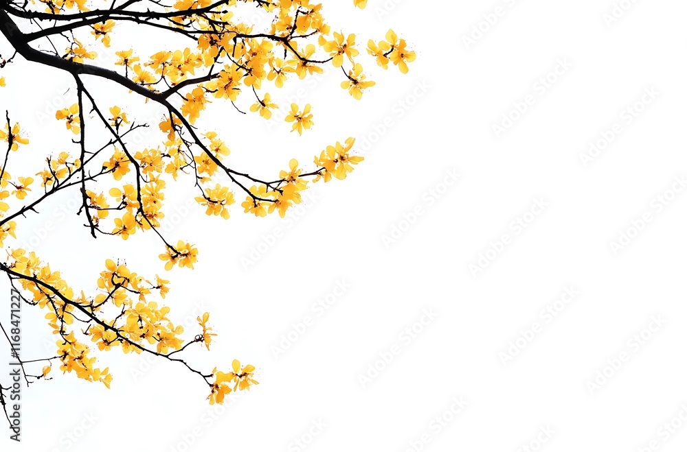 A white spring summer background with yellow flowers and green branches A white spring summer background with yellow flowers and green branches