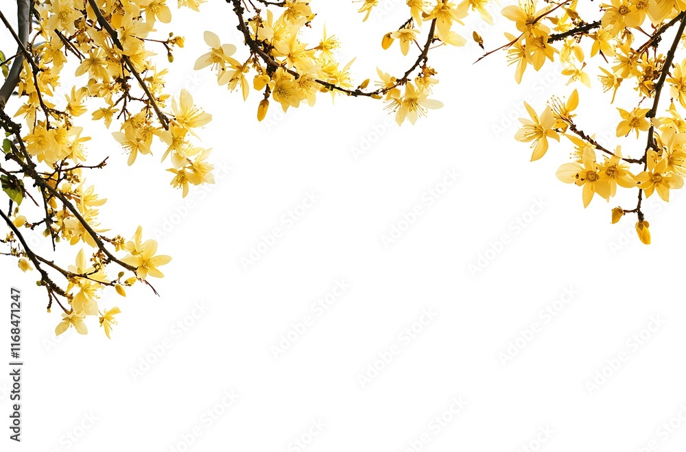 A white spring summer background with yellow flowers and green branches A white spring summer background with yellow flowers and green branches