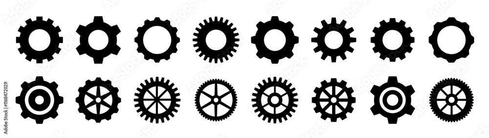 Gear set. Black gear set. Gear setting vector icon. Gear wheel isolated on white background Gear set. Black gear set. Gear setting vector icon. Gear wheel isolated on white background