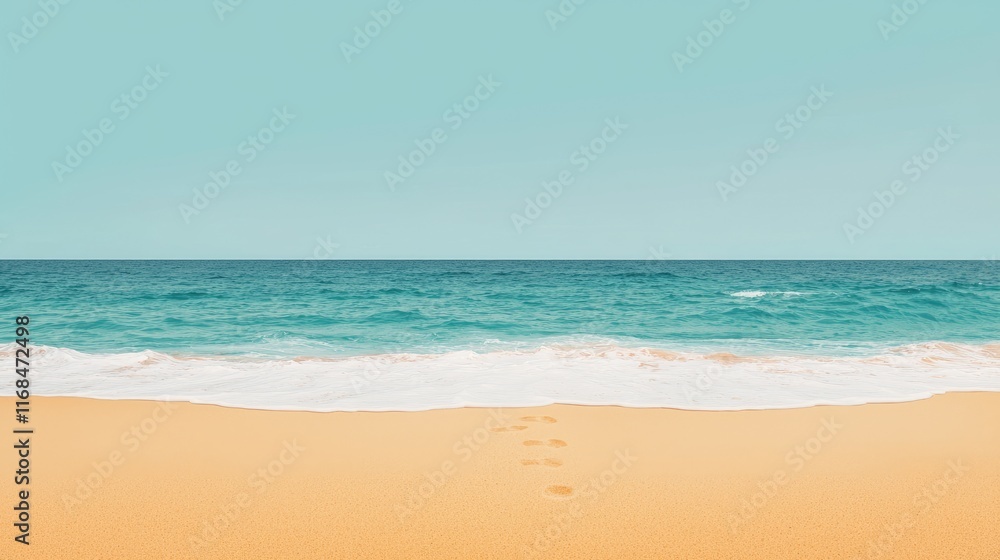 A tranquil beach scene with golden sand and gentle waves lapping at the shore under a clear blue sky. A tranquil beach scene with golden sand and gentle waves lapping at the shore under a clear blue sky.