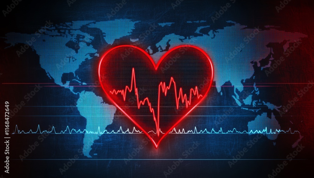 ECG heart shape with world map in red and blue for World Heart Day ECG heart shape with world map in red and blue for World Heart Day