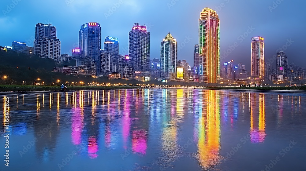 Fototapeta premium Cityscape reflecting in tranquil waters at twilight