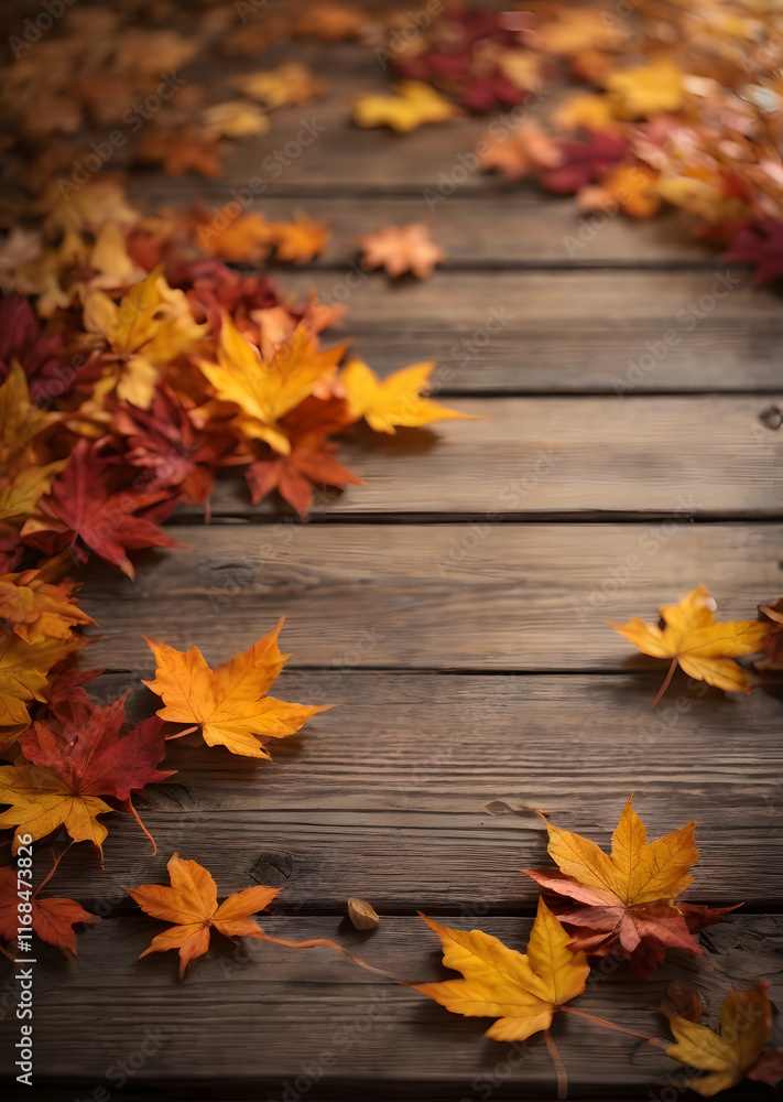 Obraz premium Falling maple leaf's on the empty wooden table top in autumn