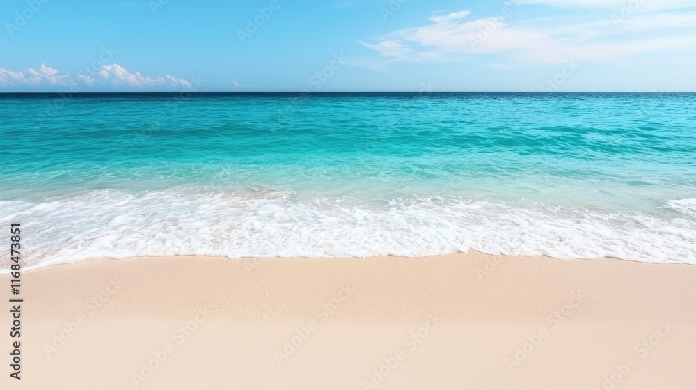 A serene beach scene with gentle waves lapping at the shore, showcasing clear turquoise waters under a bright blue sky. A serene beach scene with gentle waves lapping at the shore, showcasing clear turquoise waters under a bright blue sky.