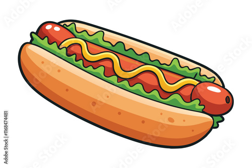 Cartoon hot dog with vibrant colors, featuring mustard, lettuce, and a juicy sausage in a bun, ideal for food related projects