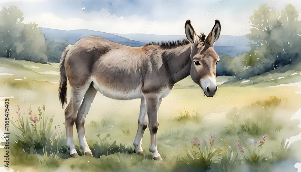 Donkey in a Serene Watercolor Landscape