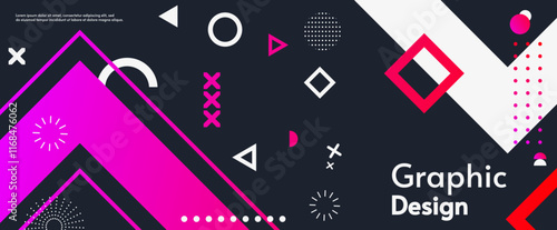 A modern abstract graphic design with dark background. Vector illustration. Minimalist composition with triangles, circles, and lines, perfect for banners, posters, templates. Gradient colors shapes. 