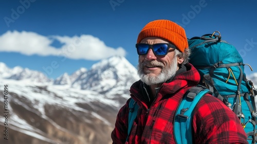 Wallpaper Mural solo mountain explorer contemplating towering himalayan giants, bold turquoise pack against crimson plaid jacket, brilliant azure sky meeting jagged snow covered summits, raw wilderness terrain, epic Torontodigital.ca