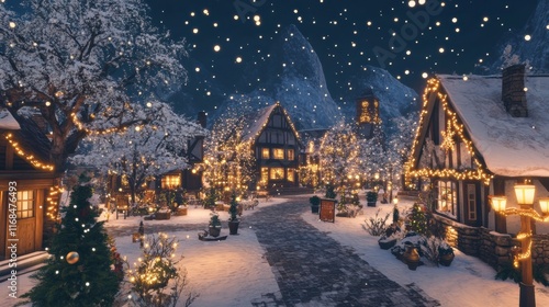 A charming snow-covered village square with warm glowing lights and festive decorations